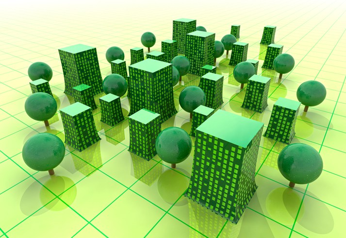 green sustainable city buildings placed in grid