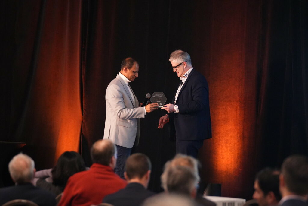 "CEO Amit Gupta proudly accepts the "Company of the Year" award from Cleantech Group, recognizing Aeroseal's top-ranking contribution to innovations combating climate change in 2024."